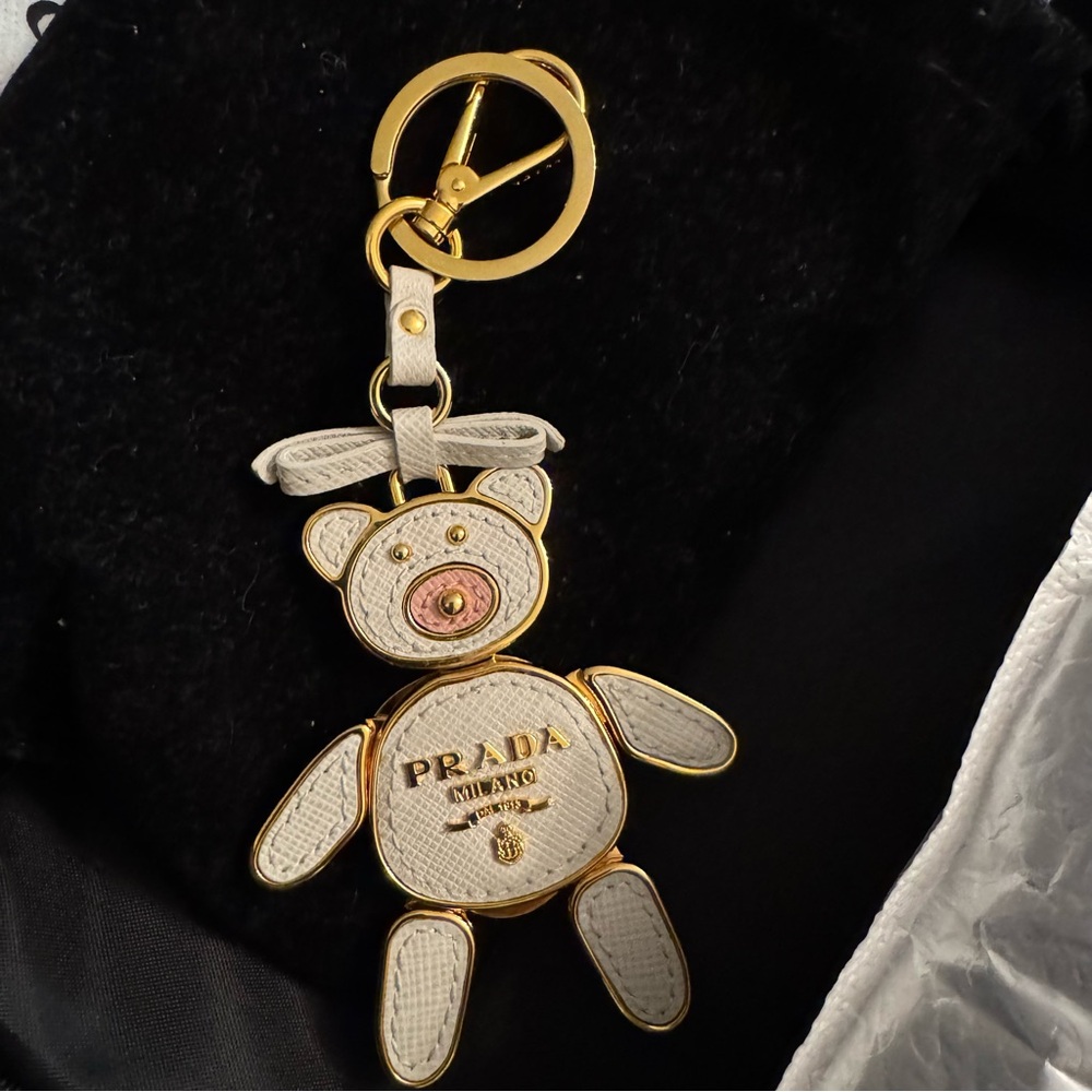 Prada Cream Leather Teddy Bear Keychain with Gold Hardware